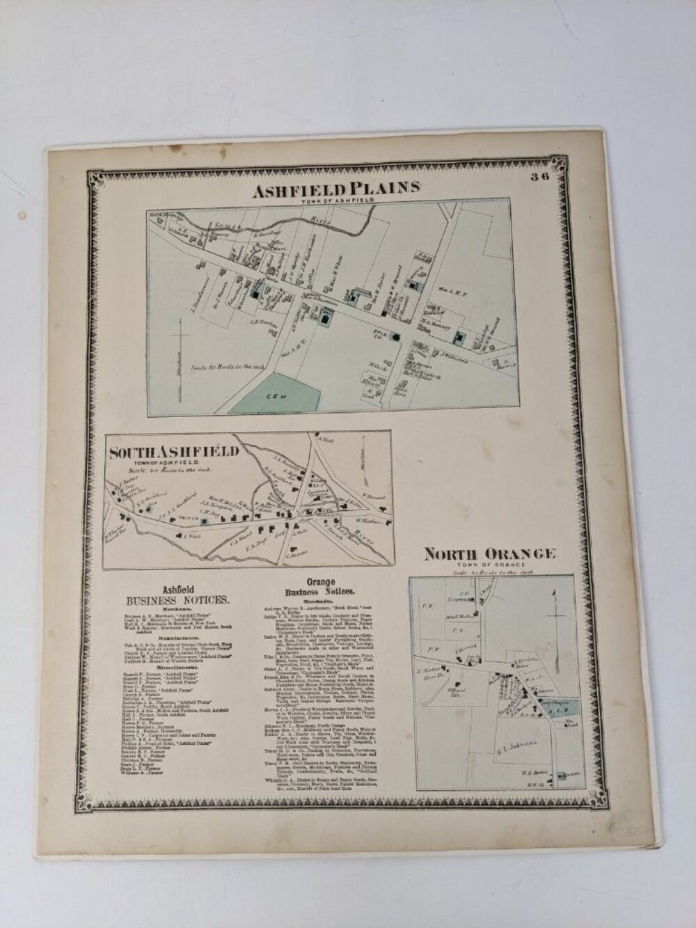 Antique 1871 Ashfield, MA Orange, MA Map Atlas Frederick W. Beers
